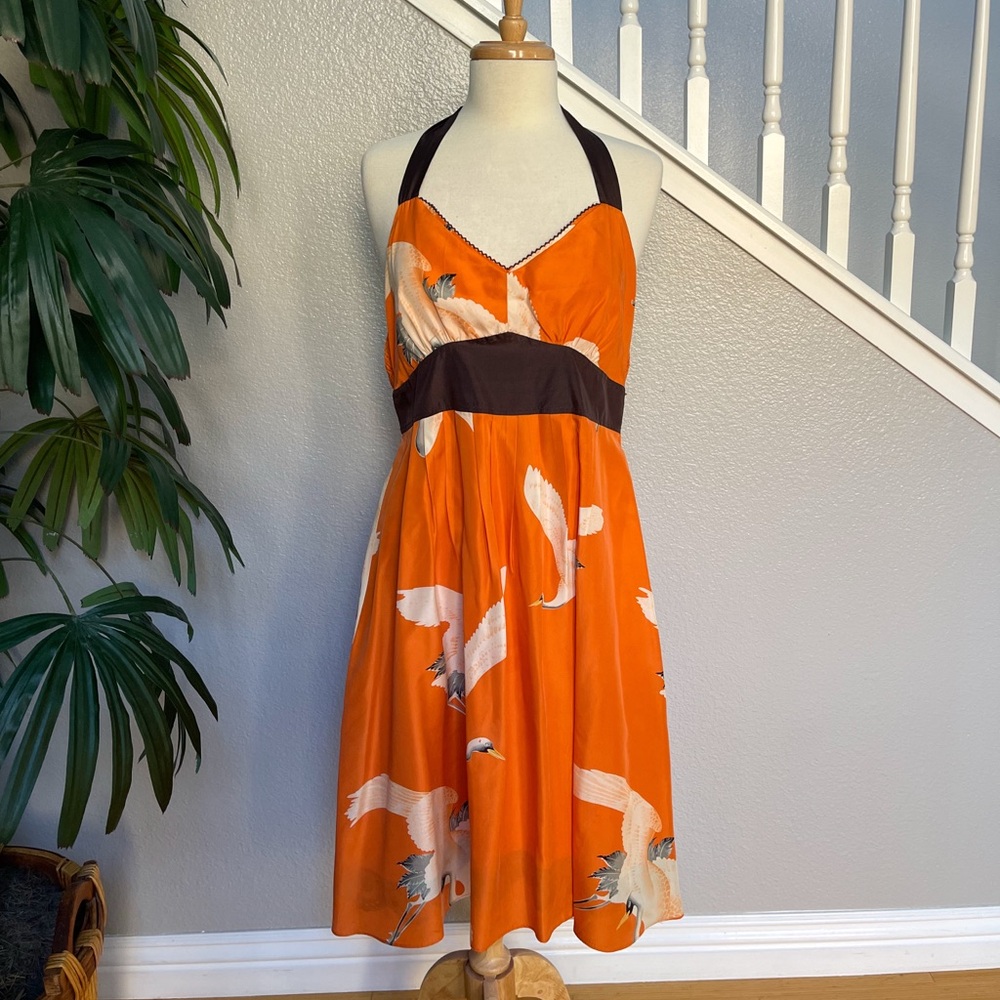 Anthropologie Orange Halter Dress with Bird Design
